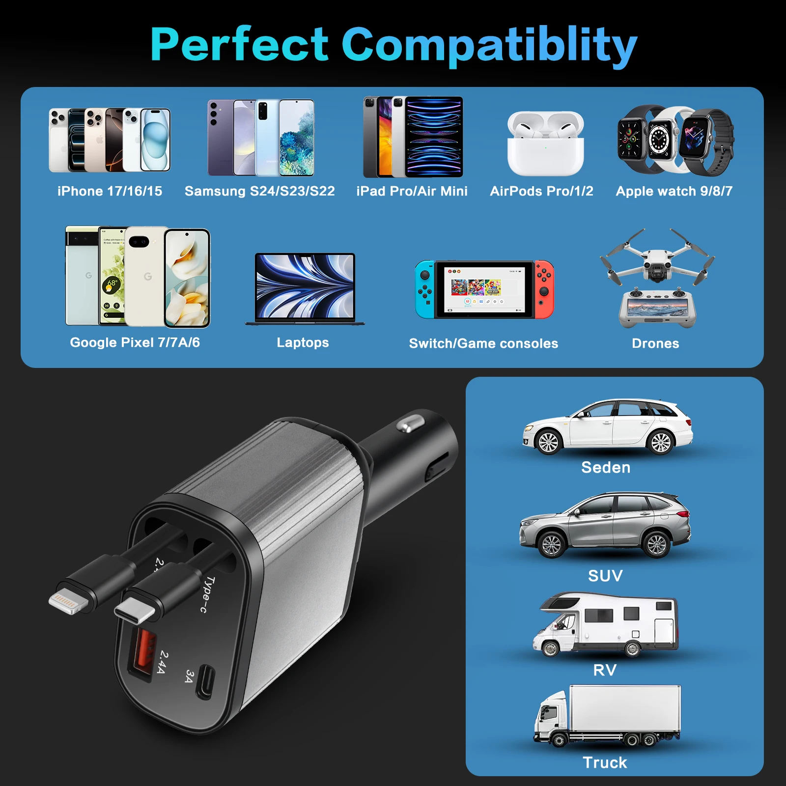 

Автомобильное зарядное устройство 4-в-1, быстрая зарядка мощностью 36 Вт, выдвижной кабель, 2 USB-порта, совместимое со всеми автомобилями
