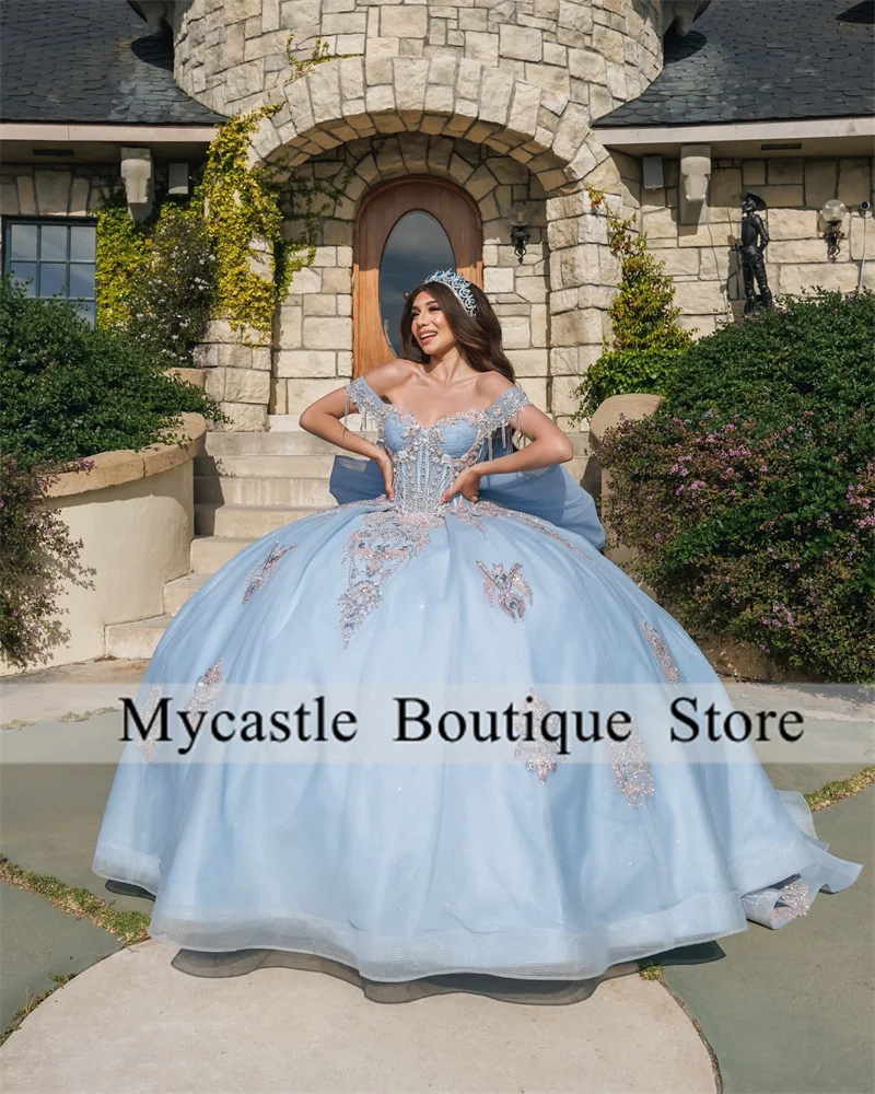 

Customized Blue Tulle Ball Gown Appliques Princess Quinceanera Dresses 2025 With Bow Beaded Corset Off Shoulder Birthday Dress