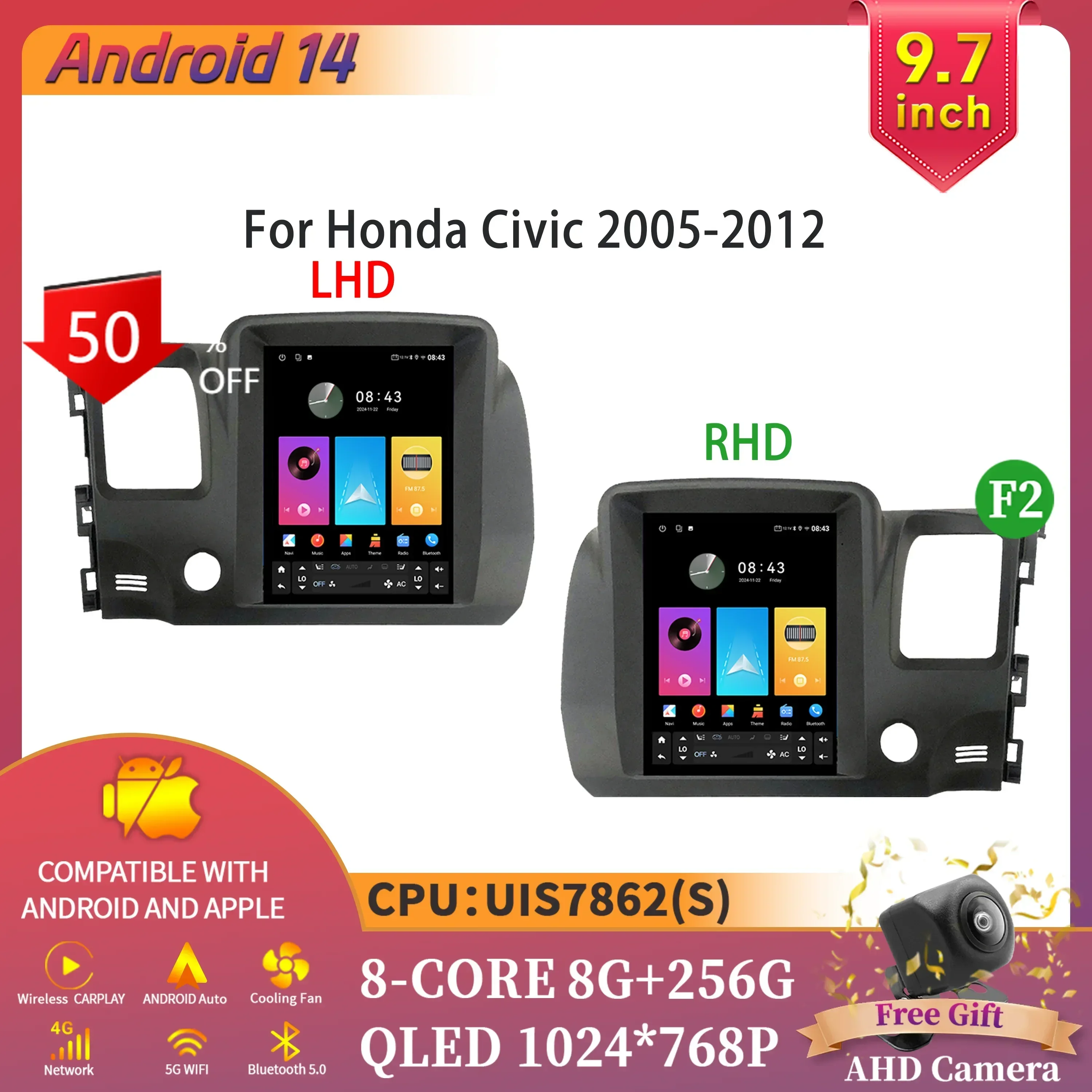 9.7inch Car Radio Multimedia Intelligent GPS Bluetooth  Carplay Touch Screen Android 14 For Honda Civic 2005-2012