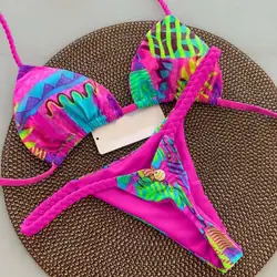 Durable Bikini Set Stylish Lace-up Halter Bikini Sets Quick Drying Beachwear with Braided Rope Breast Pads 2pcs/set Women's