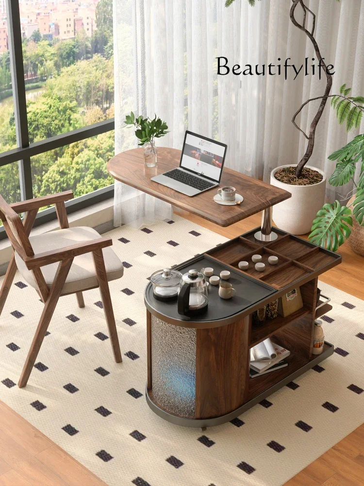 

Movable balcony tea table household lifting table sofa side light luxury solid wood rock slab tea table