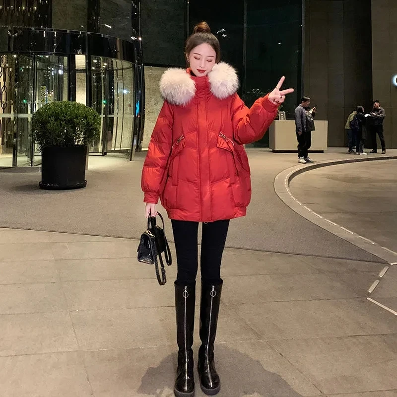 2023 New Women Cotton Coat Winter Jacket Female Warm Thickened Parkas Loose Outwear Artificial Fur Collar Hooded Overcoat