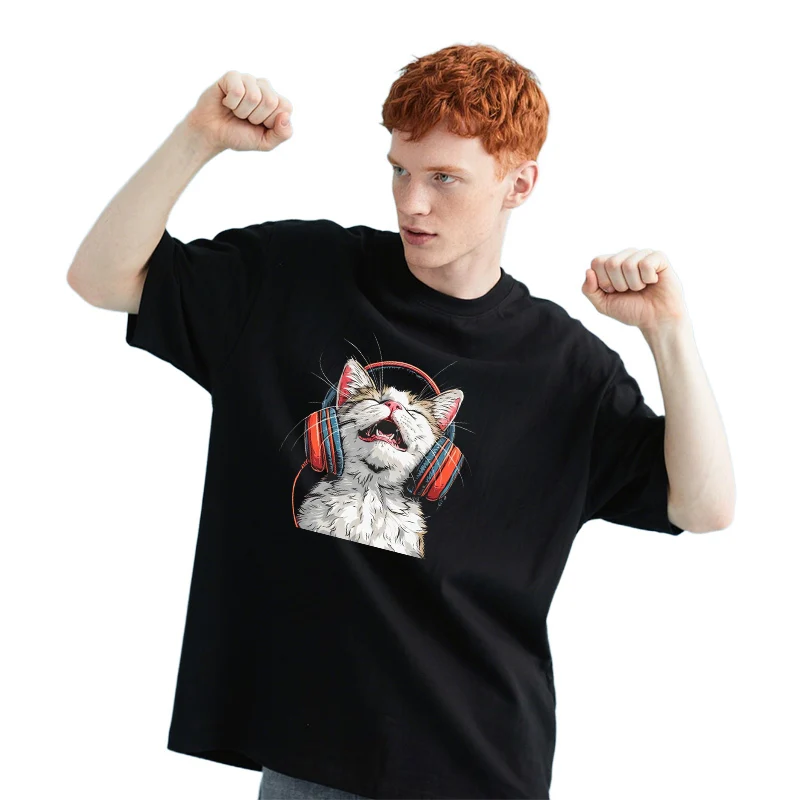 القط الاستماع إلى الموسيقى أزياء DTF الملابس صائق DIYT قميص حقيبة قماش سترة الفينيل التصحيح آلة قابل للغسل المياه قابل للغسل #4