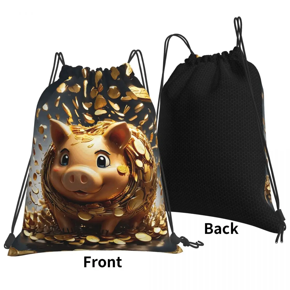 Gold Coins Flying Cute Golden Piggybank Backpacks Multi-function Drawstring Bundle Pocket Sports Bag Book Bags for Man Woman