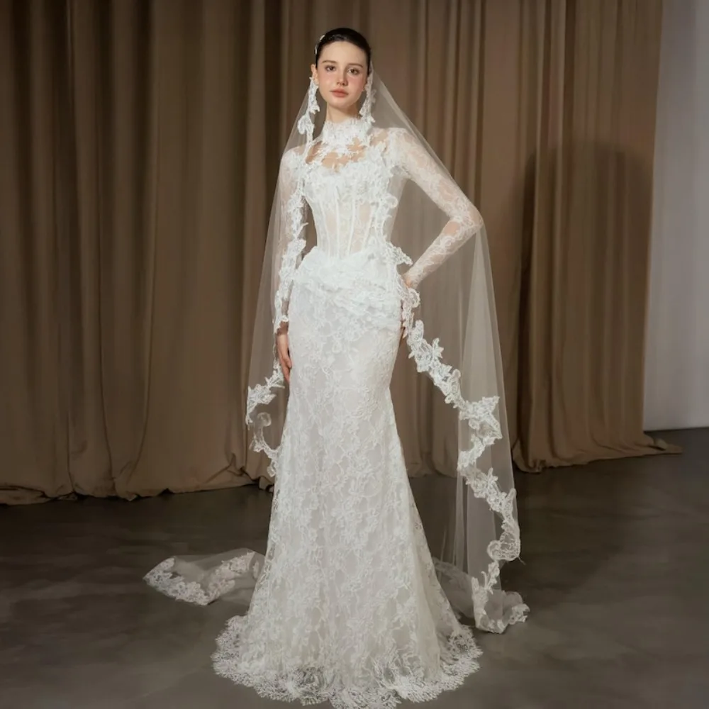 

Custom High Neck Long Sleeve Lace Mermaid Wedding Dress 2026 Cathedral Train Bridal Gown Plus Size Vestido De Novia