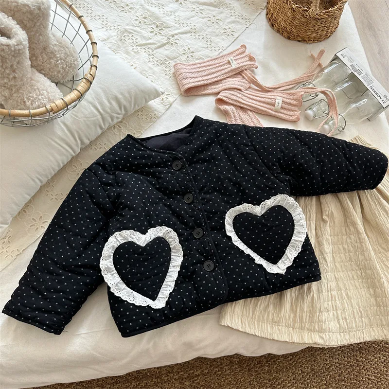 

2025 Winter New Products Children's Polka Dot Hemming Cotton-padded Clothes Girls Hemming Love Pockets Warm Cotton Jacket