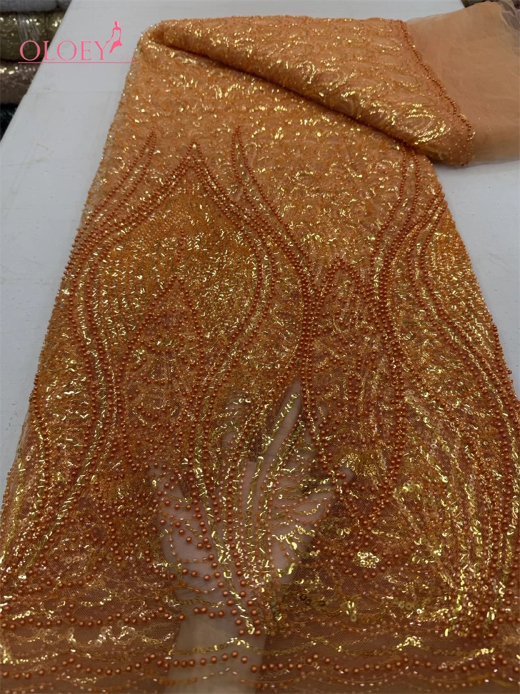 

OLOEY High Quality African Handmade Beaded Lace Fabirc 2026 Sewing sequins Embroidery Nigreian Lace Fabric Women Wedding D