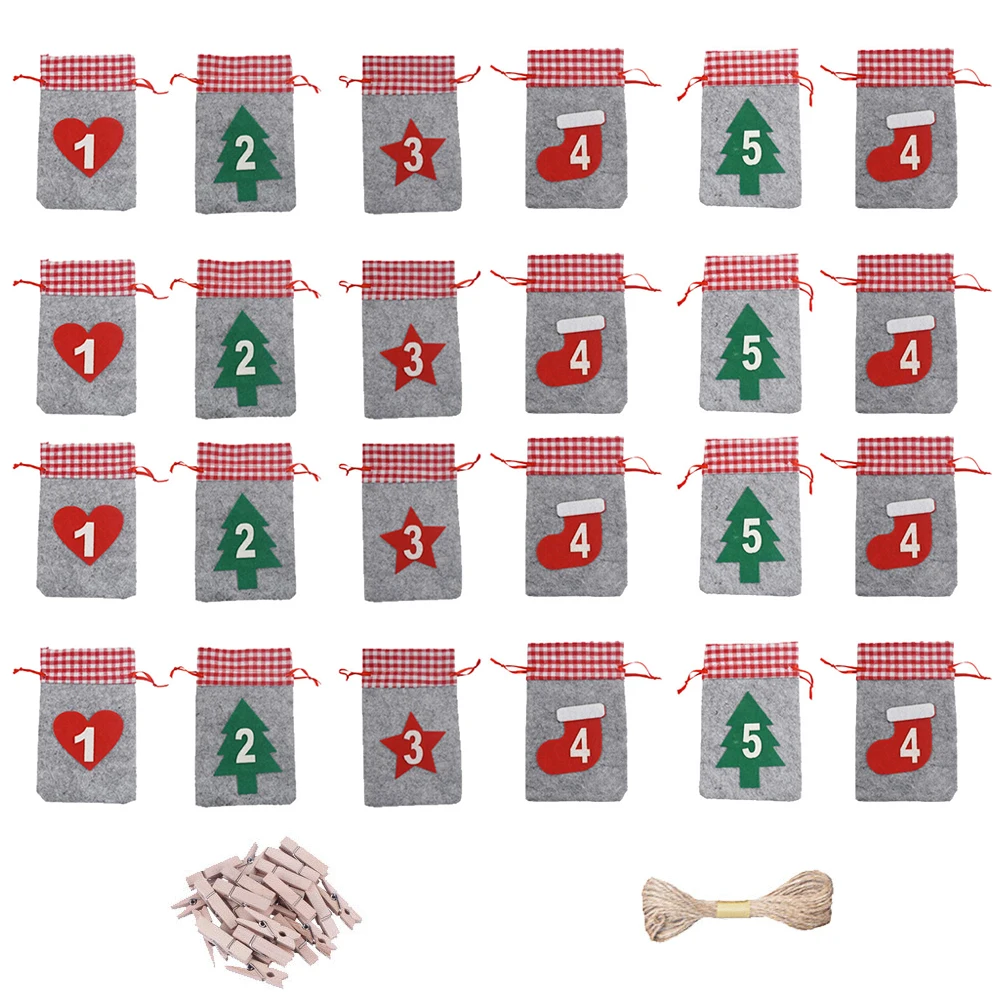 

1 set 1 Set Christmas Advent Calendar Xmas Drawstring Gift Bag For Party Favor Hanging Ornament Felt Bag With Webbing Countdown