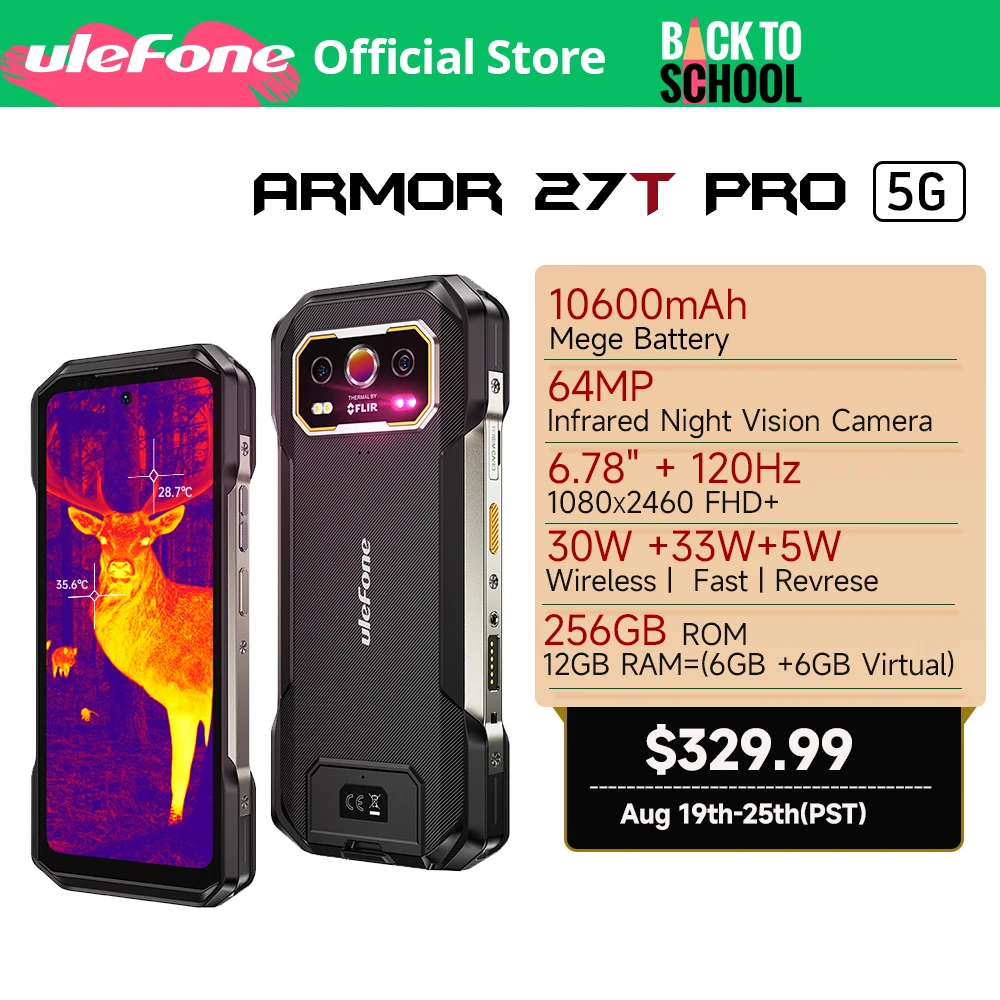 

【NEW】Ulefone Armor 27T Pro 5G, прочный телефон, 10600 мАч Защищенный смартфон, Android 14, 50 МП+64 МП ночная камера, 6,78" 120Hz, До 24 ГБ + 256 ГБ, NFC,Беспроводной зарядки