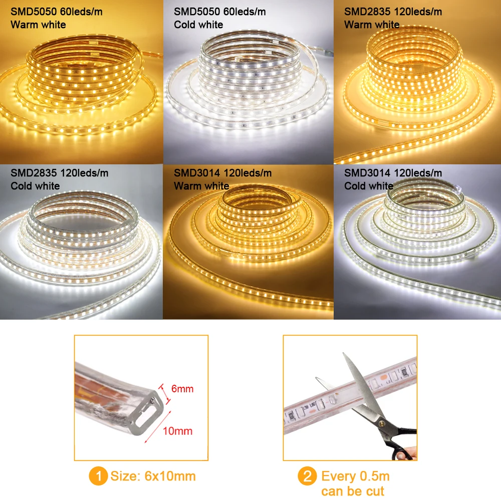 Imagem -03 - Smd 3014 2835 Luz de Tira Conduzida 220v 5050 60led 1m 5m 10m 15 20m 25m 50m 100m Plugue de Alimentação Impermeável Luzes Led Iluminação 120leds m