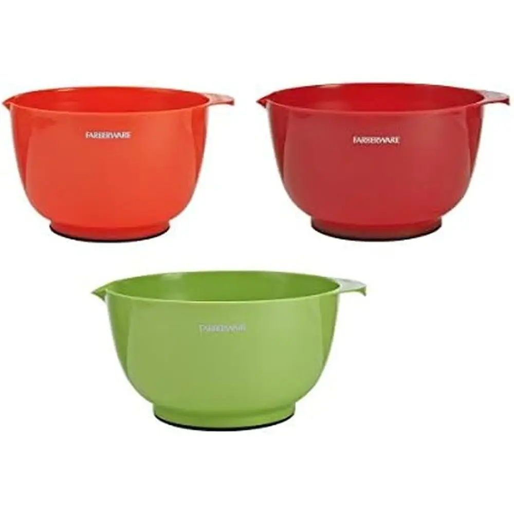 Set of 3 Plastic Mixing Bowls in Orange, Red, and Light Green