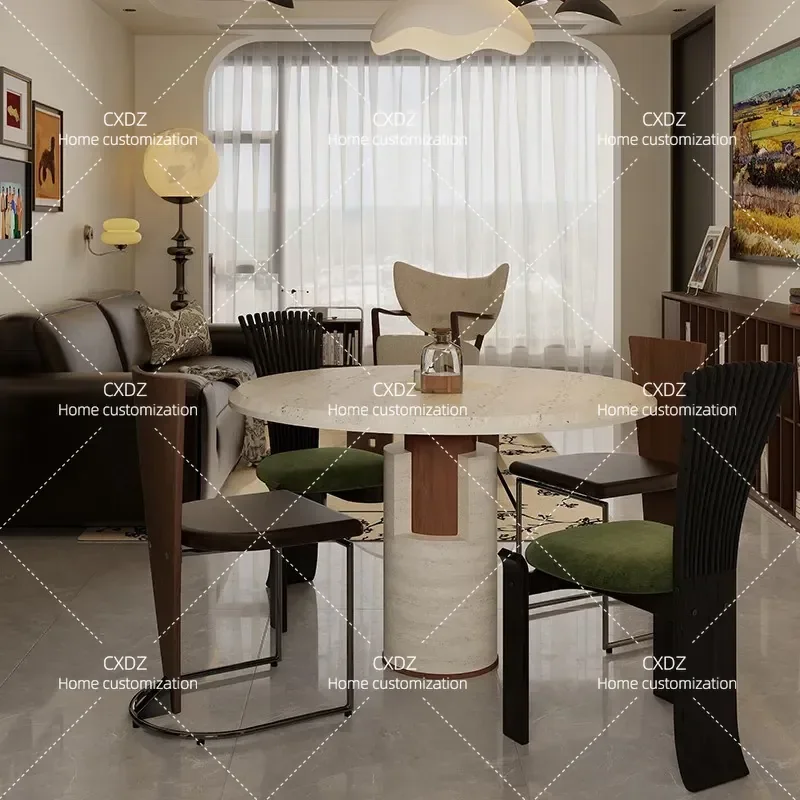 Travertine Small Round Table and Chair Set for Hotel Lobby Reception Milk Tea Shop Western Restaurant Home Use Marble Style