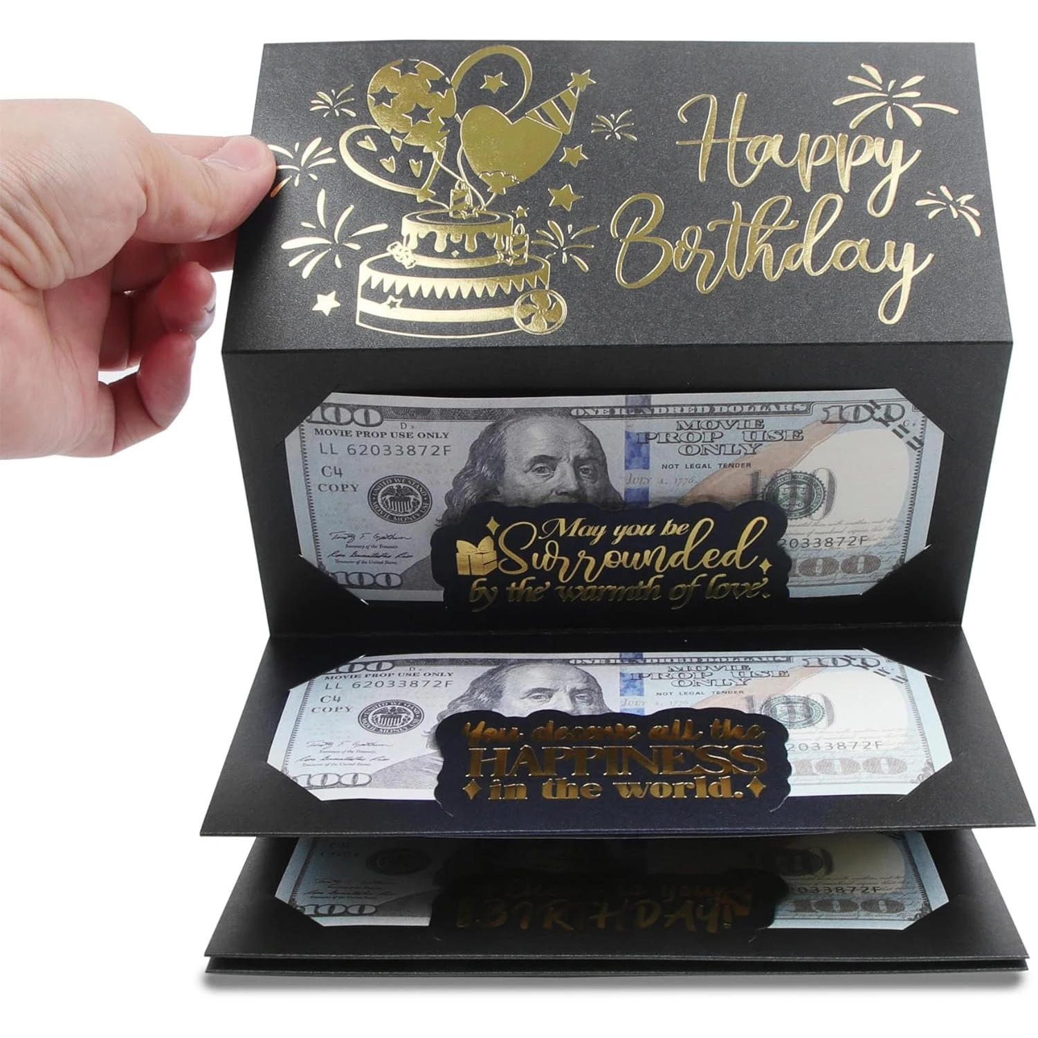 1pc Porte-cartes d'anniversaire multicouche avec enveloppe, carte-cadeau d'argent d'anniversaire en feuille d'or noir pour amis et famille