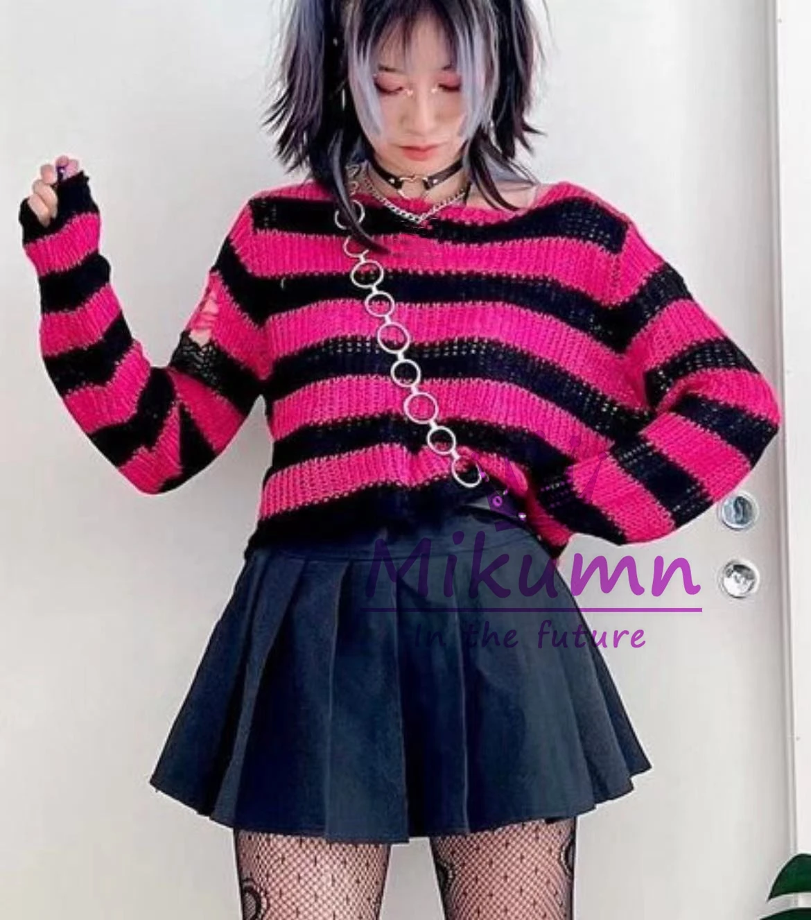 Punk Gothic Rock Dark Red Pink Purple Gray Green Striped Short Sweater Women Girl Streetwear Y2k Top