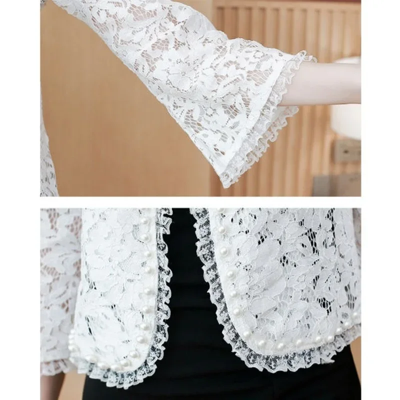 Top in pizzo da donna protezione solare giacca corta Cardigan in pizzo primavera ed estate coreano sottile Plus Size perlina scava fuori scialle