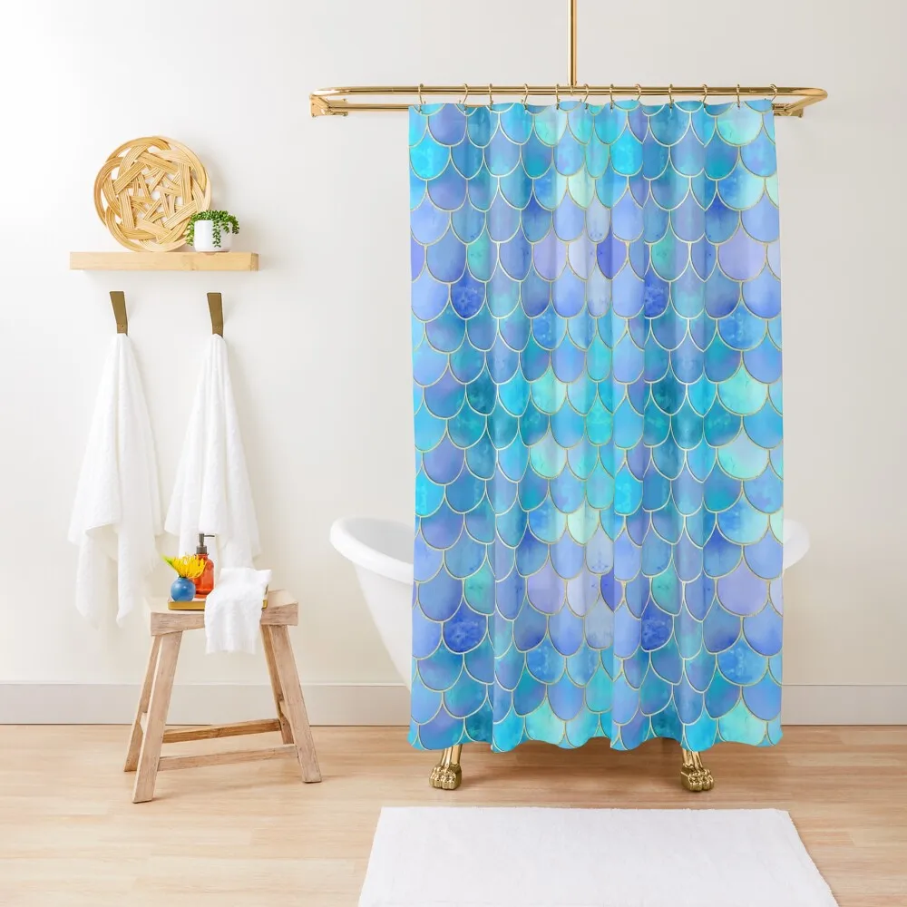 

Aqua Pearlescent & Gold Mermaid Scale Pattern Shower Curtain Anti-Mold Waterproof Shower Shower Waterproof Curtain