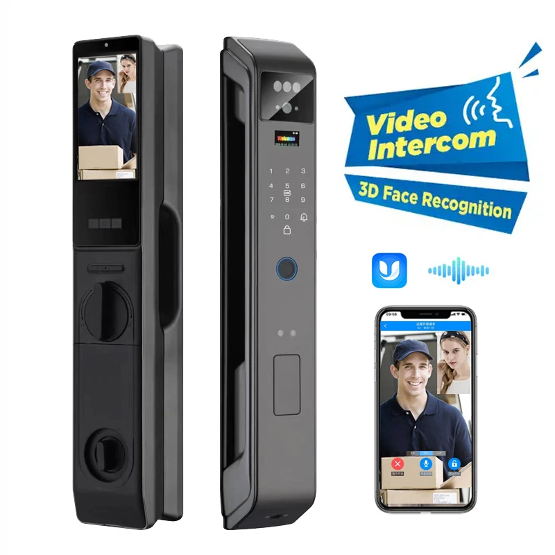 3D Face Recognition Dual Battery Smart Door Lock Fingerprint Digital WiFi Dual Screen Display Video Intercom Aluminum/Steel Door