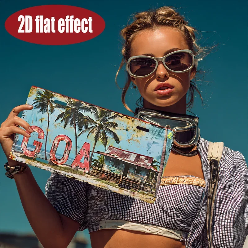 2D Flat, One Piece Goa Metal  Sign- Vintage Goa License Plate Design with Palm Tree- Tropical Beach House Suitable for Home