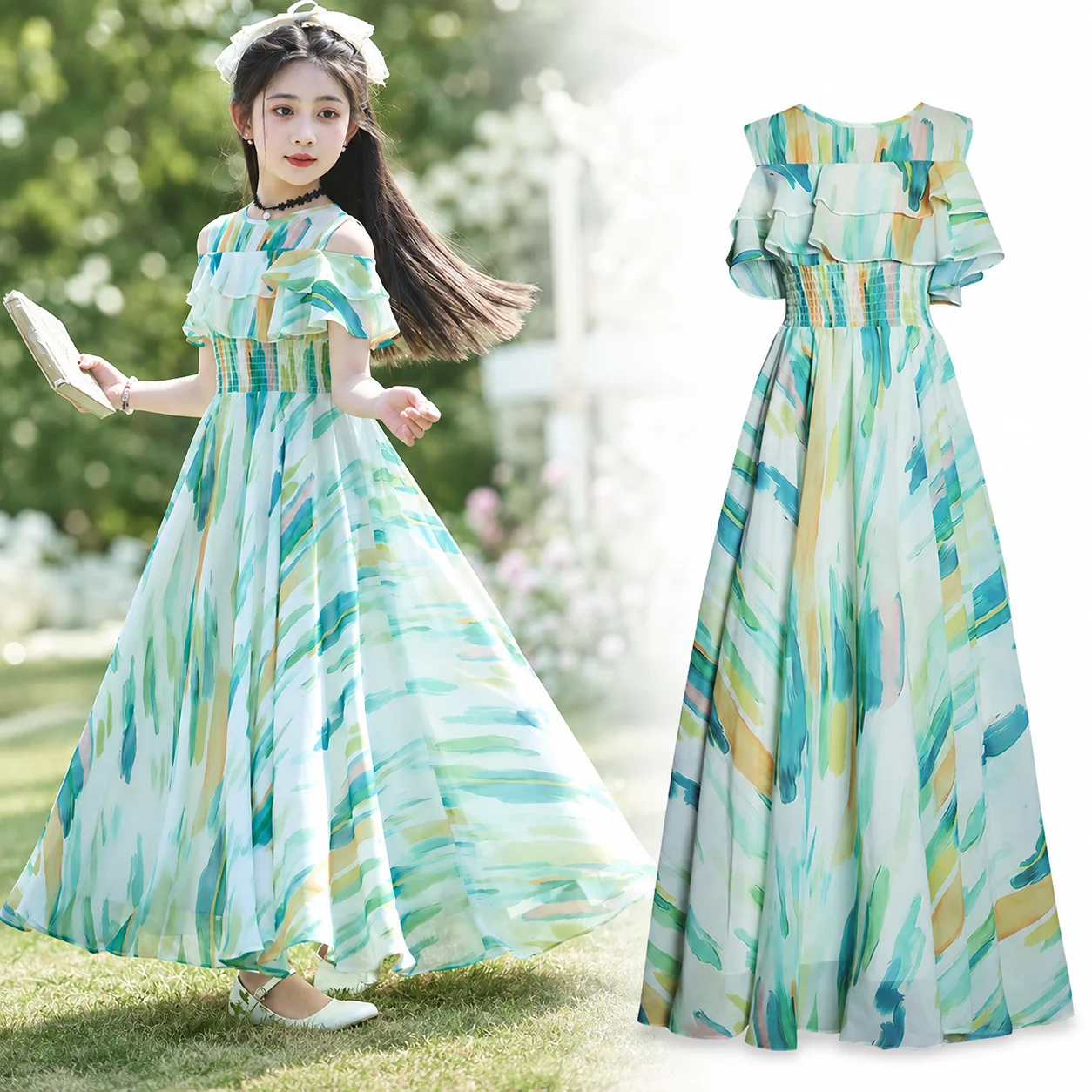Tween Girl Dress Watercolor Floral Maxi Dress Cold Shoulder Chiffon Princess Dress Elegant Long Party Beach Dresses Teen Kids