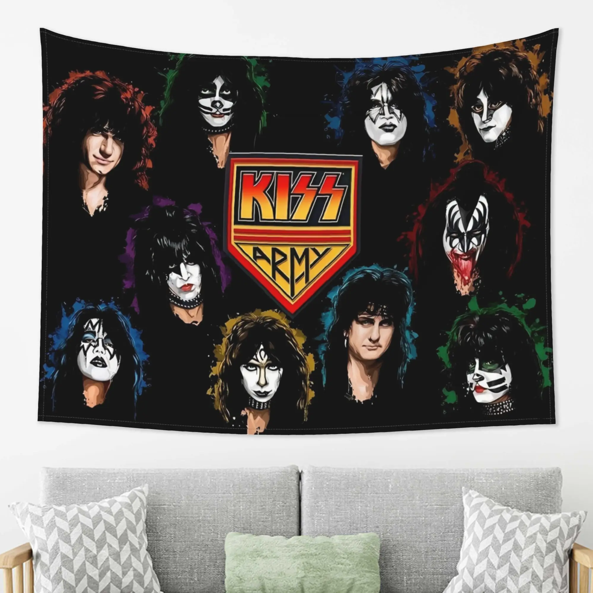 Iconic KISS Army Tapestry Featuring Legendary Band Members in Their Signature Makeup, Perfect for Fans and Ideal for Adding