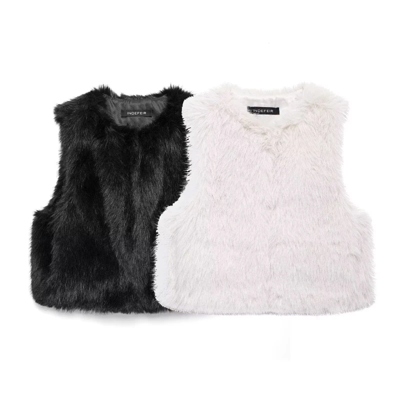 

Women’s Winter O-neck Faux Fur Vest Solid White Furry Jackets Fluffy Warm Thick Sleeveless Luxury Faux Rabbit Plush Coats Casual