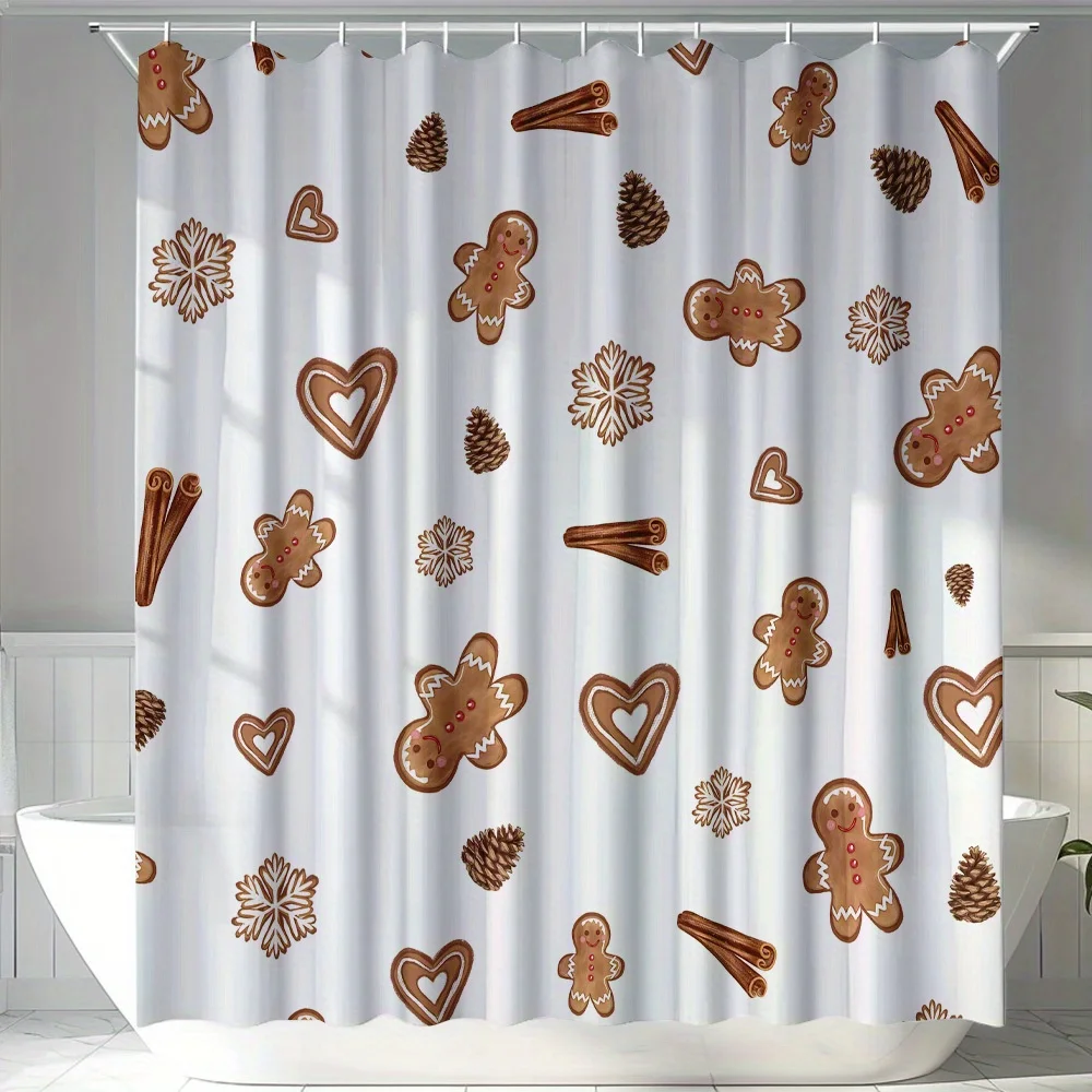 Cute Gingerbread Man Shower Curtain Waterproof Bath Decor Holiday Cookie Pattern for Bathroom Home Accessories