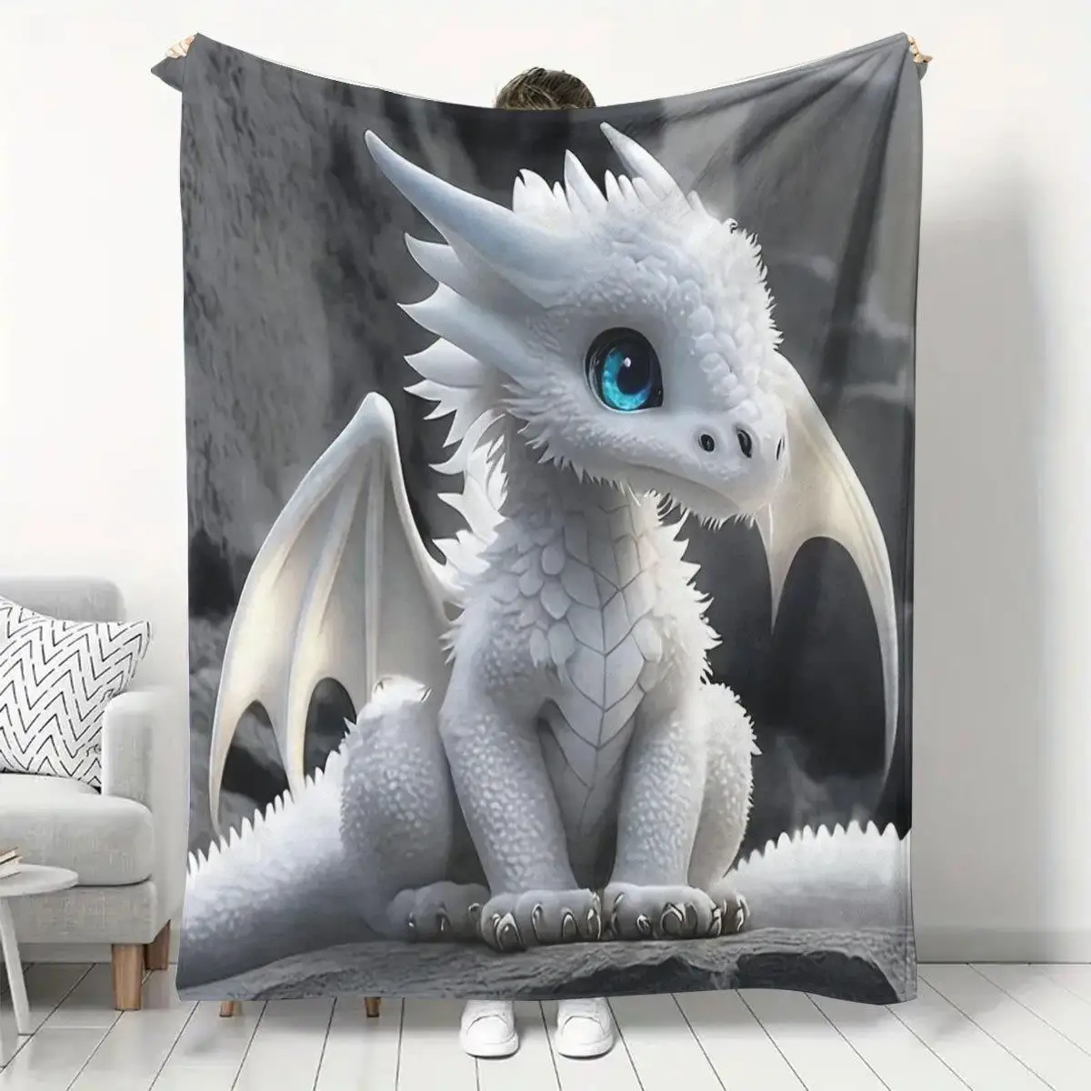 White Dragon Flannel Blanket – All-Season Throw for Sofa, Bed & Travel – Dreamy Bedding Accessory