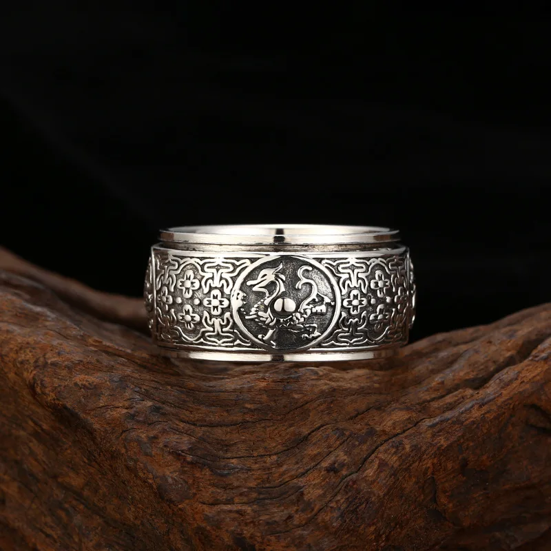 BOCAI Real S925 Silver Rings for Men Transfer Four Beasts Rotatable Personalized Retro Trend Good Luck Jewelry Wholesale