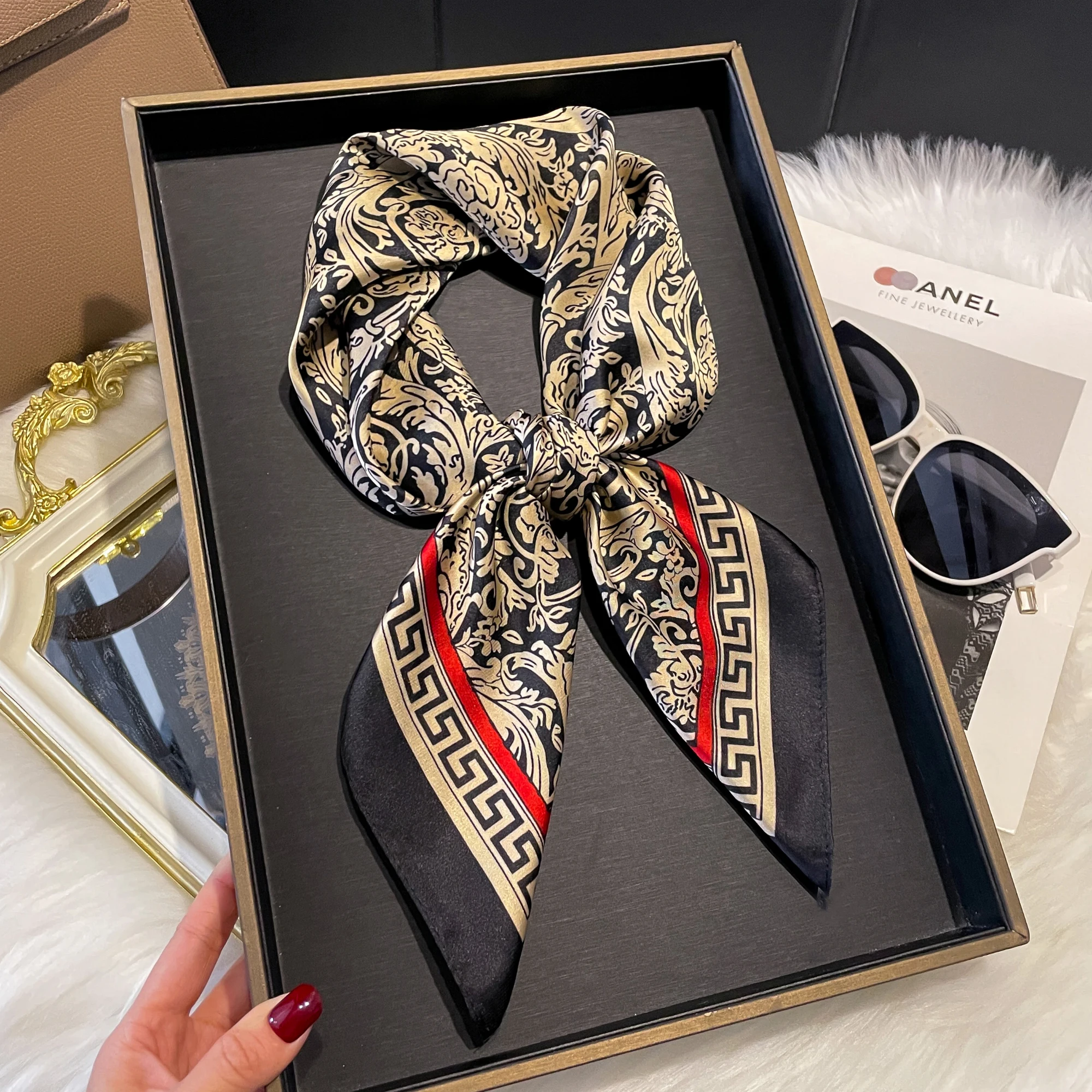 Luxury Fashion Print 70*70cm Silk Square Scarf Women Soft Satin Hairband Neckerchief Tie Female Headband Foulard Bag Ribbon