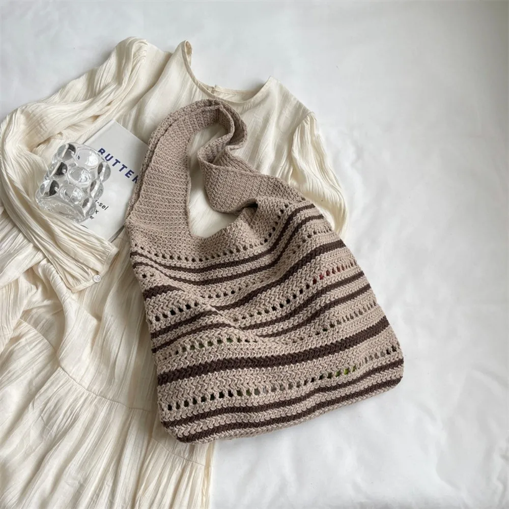

Bohemian Knitted Tote Bag Large Capacity Crochet Design Woven Shoulder Bag Eco-Friendly Striped Pattern Hollow Out Beach Bag