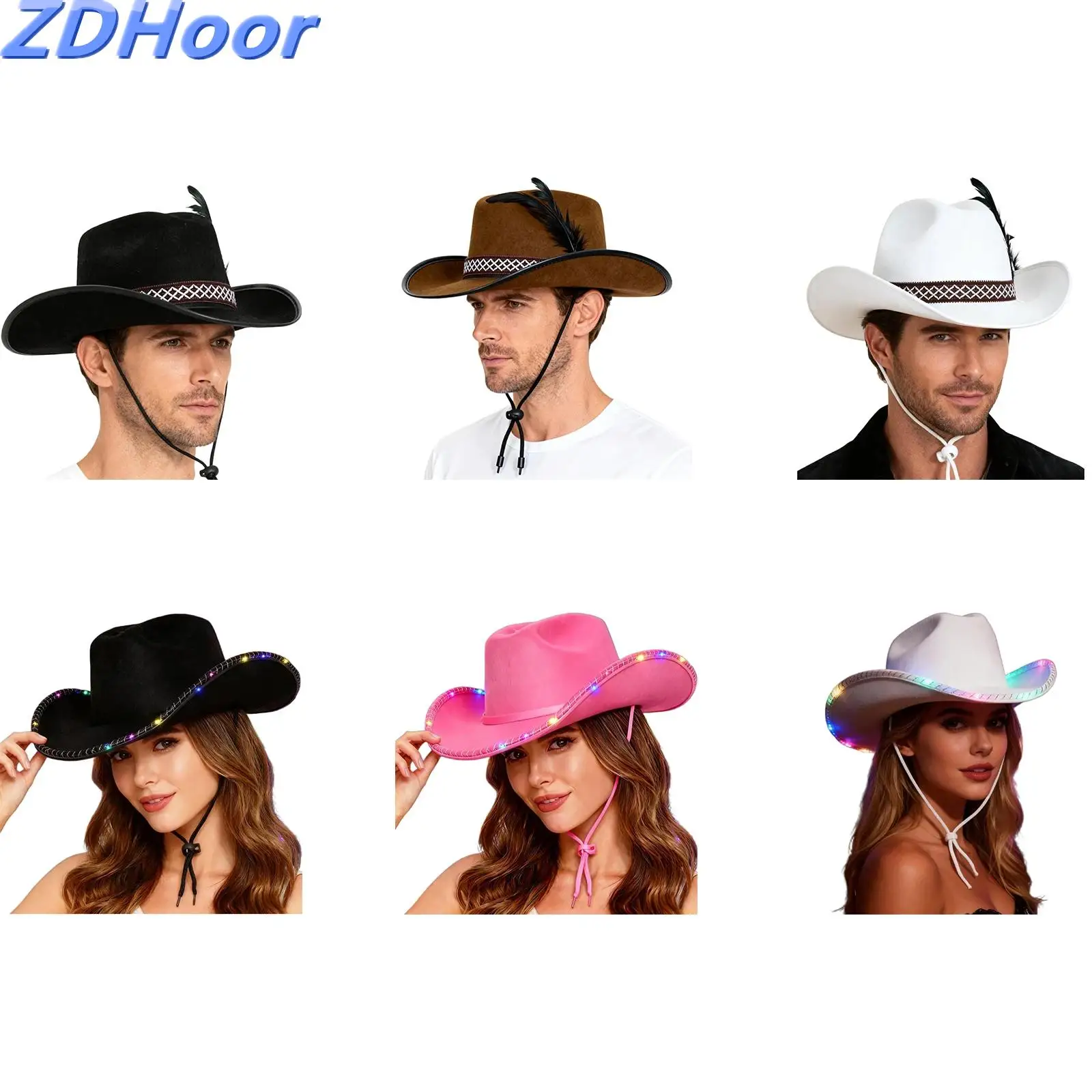 

Unisex Western Felt Cowboy Hat Cowgirl Hat Wide Brim Hat Rolled Up Caps with Drawstring Rope for Women Men