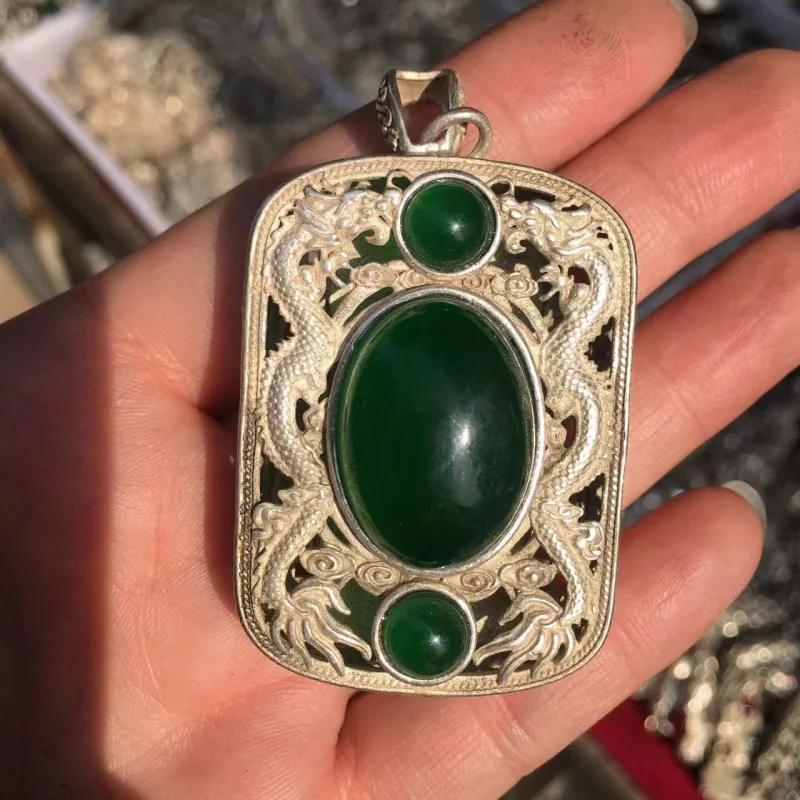 

украшения, инкрустированные имитацией изумрудов, тибетский кулон, серебряное ожерелье Miao с двойной подвеской для мужчин и женщин