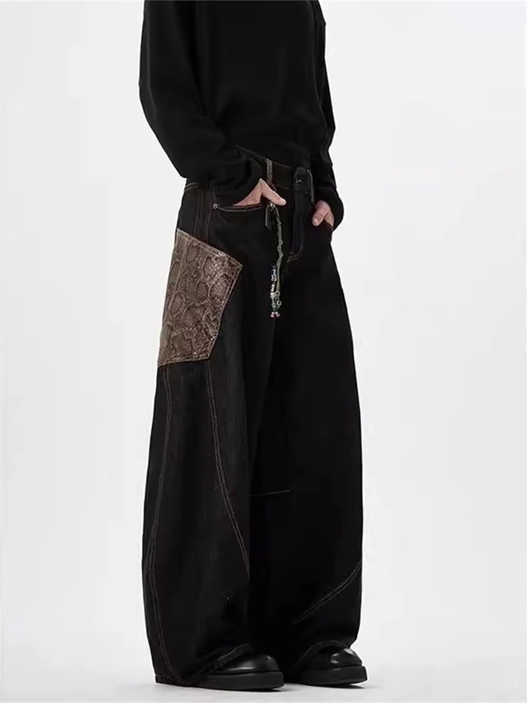 

Джинсы в стиле ретро с узором под змеиную кожу, унисекс, широкие штанины, длина в пол, повседневные брюки в уличном стиле