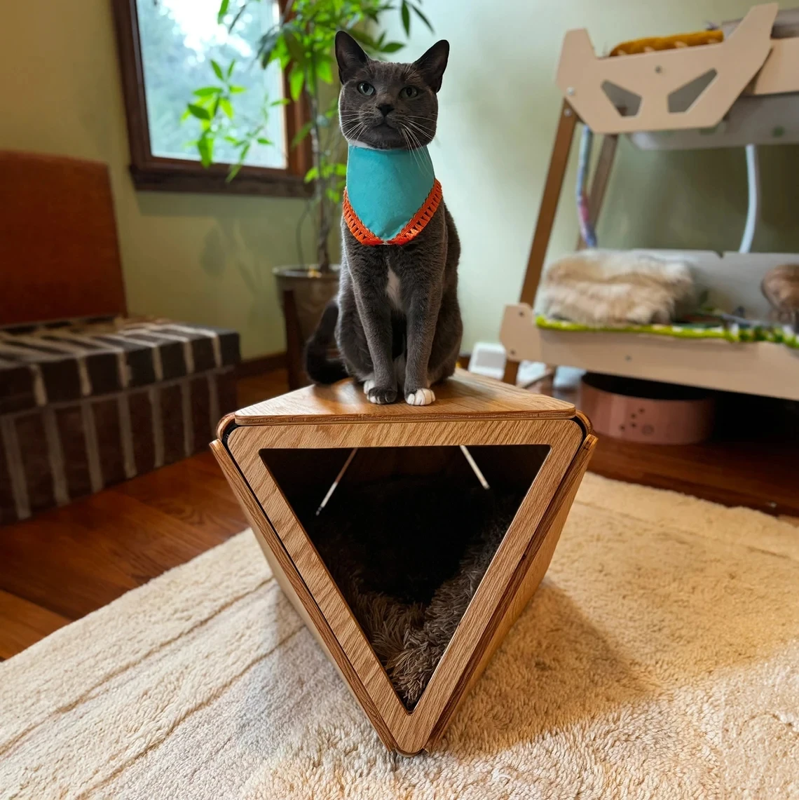 JUNJI Modern Oak Cat Bed Geometric Cat Cave Multipurpose Home Decor Furniture Designer Pets Gift Cat Cage