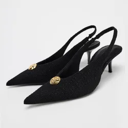 2025 Ankle Wrap Women High Heeled Sandals Metal Buckle Decoration Stilettos Luxury Designer Dress Slingbacks Shoes for Lady