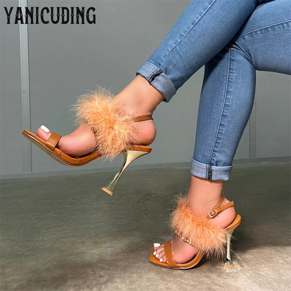 

Luxurious Fur Sandals Square Toe Ankle Strap Leather Summer Heels Designer Style Wine Glass Heel Sandals Banquet Heels for Women
