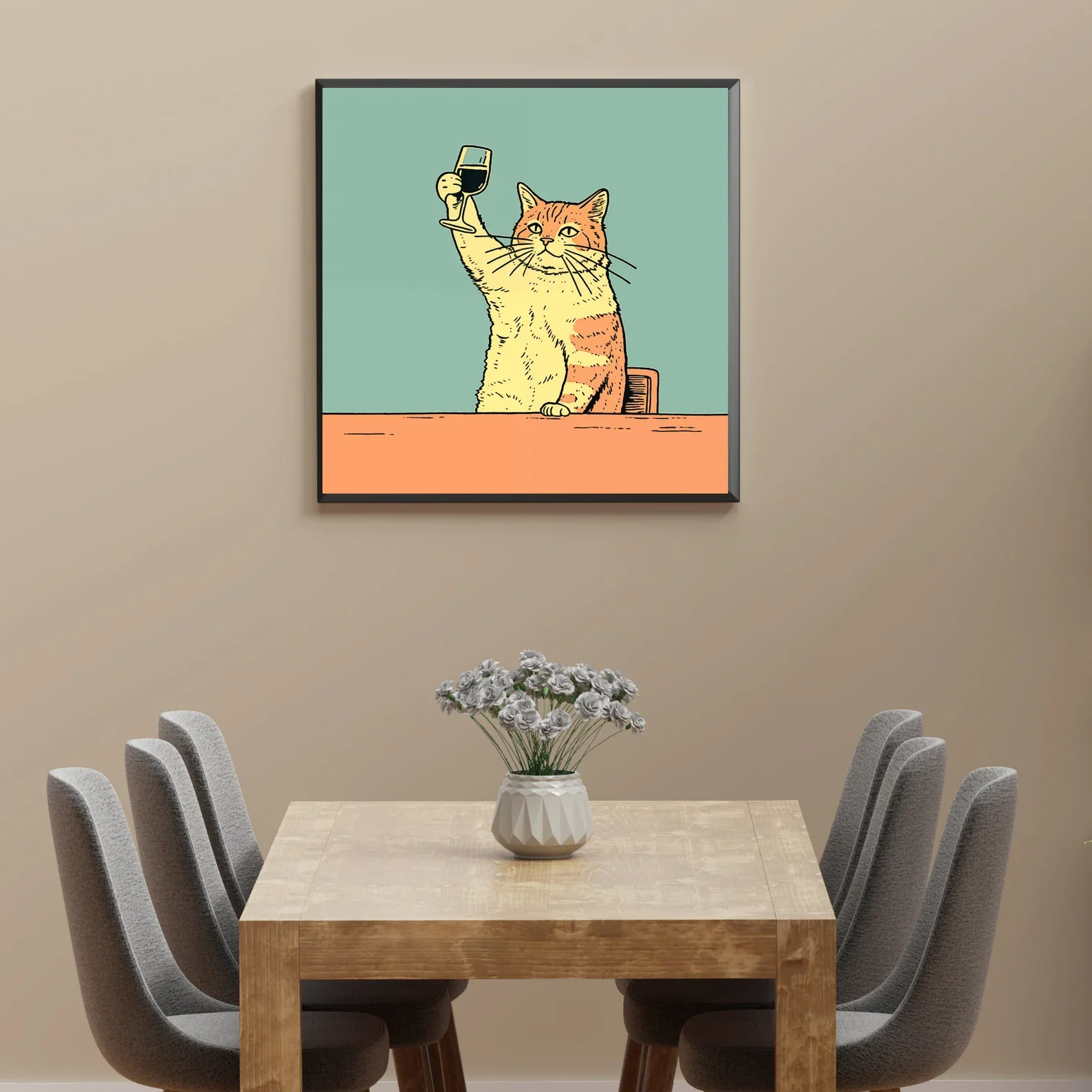 Pôster engraçado de gato de vinho: arte peculiar do carrinho de bar para decoração de bar gato bebendo impressão engraçado pôster de gato amarelo decoração de parede presente para o amor