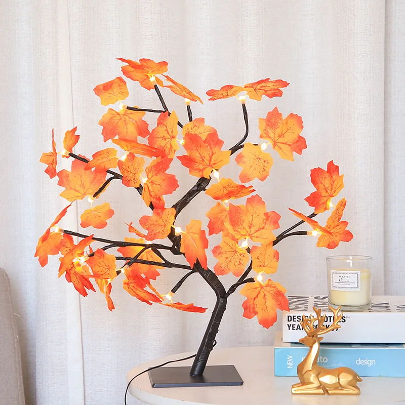 24 LED USB Maple Leaf Fairy Light Flower Tree Table Lamp Rose Night Light Gifts for Wedding Party Autumn Halloween Decoration