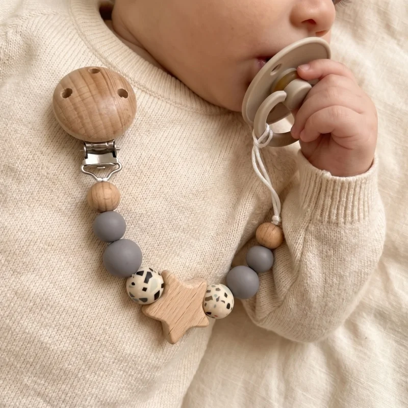 2026 Custom Engraved Name Baby Pacifier Clip Personalized Font Wood Silicone Bead Dummy Chain Teether Pendant Newborn Gift
