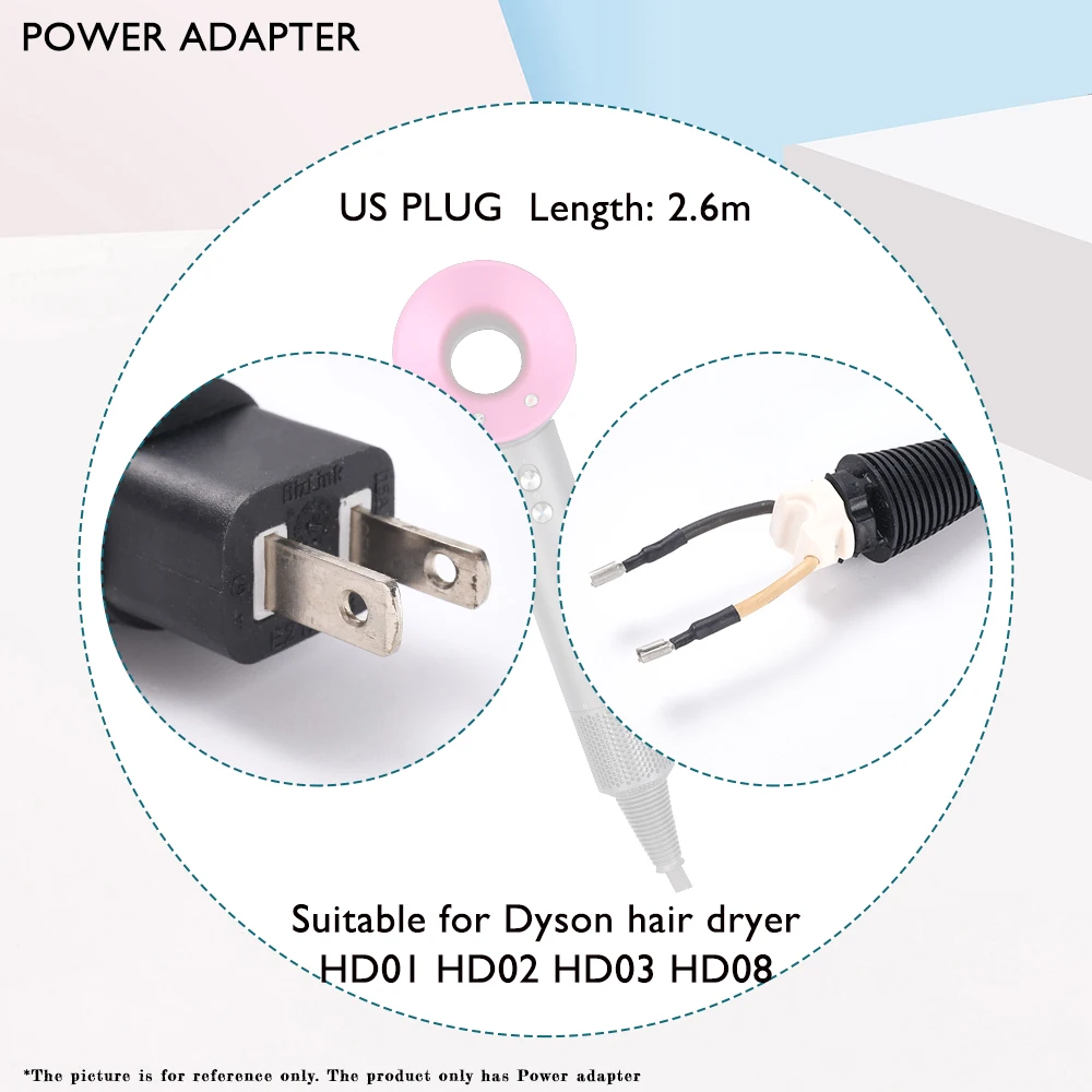 110V Voltage Charger Power Adapter for Dyson Hair Dryer US Plug Power Cable 2.6m Power Supply Replacement