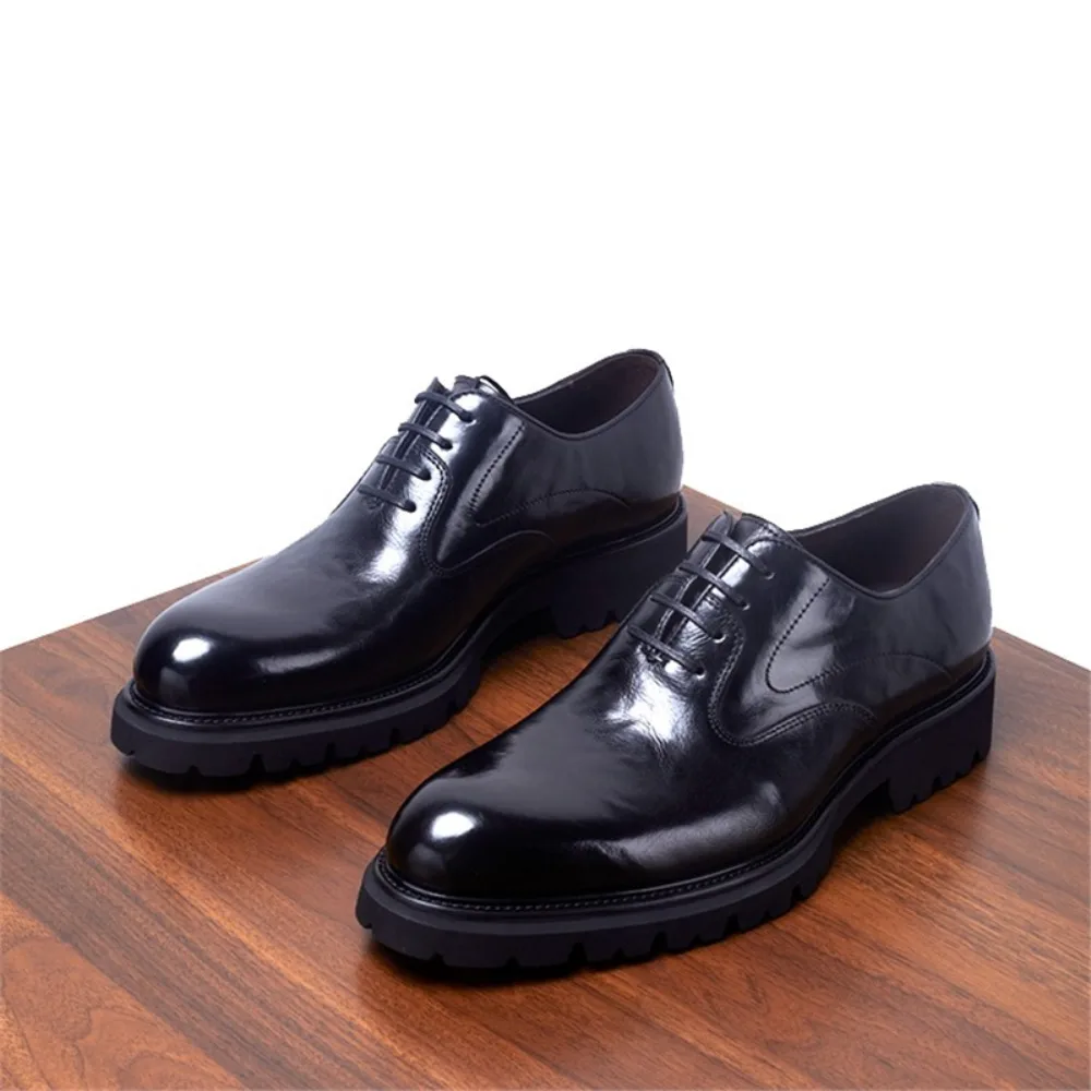 Genuine Cowhide Fetal Leather Men’s Oxford Shoes British Pointed Toe High End Hand Grained Formal Business Thick Sole Summer