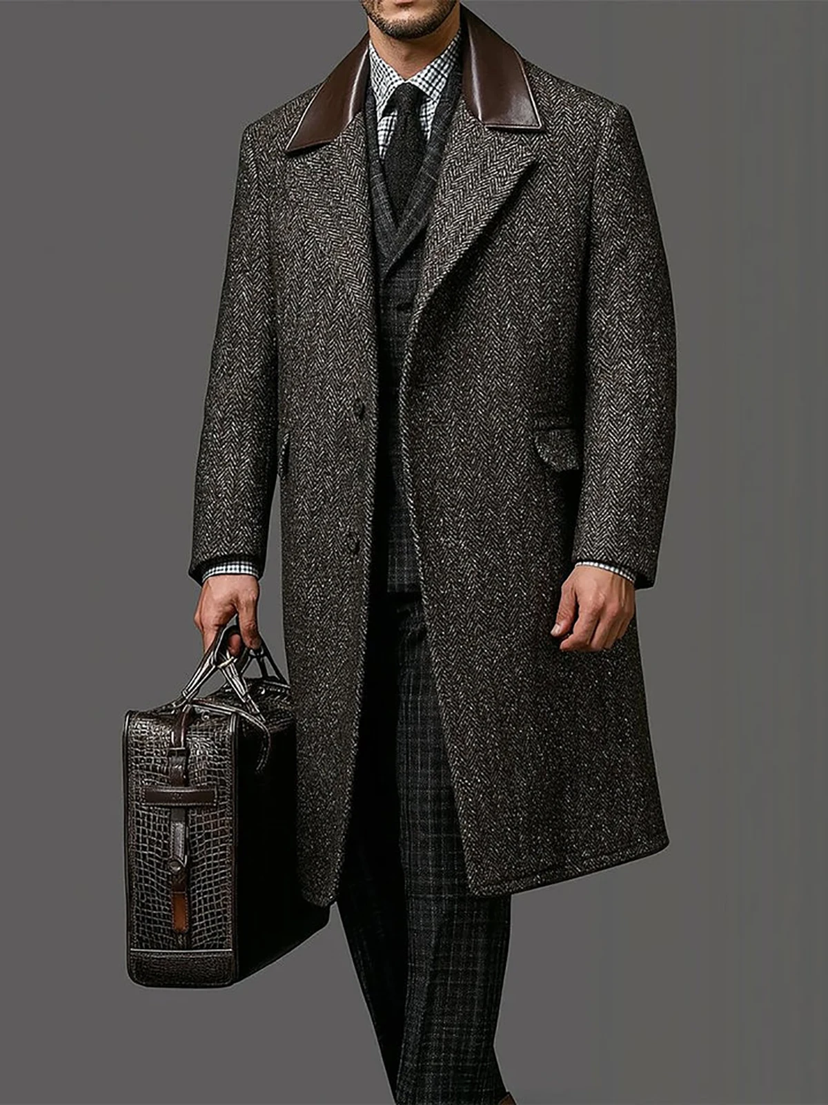 Classic Herringbone Men's Tweed Overcoat Plus Size Leather Patchwork Lapel Formal Casual Outwear Customized Winter Jacket