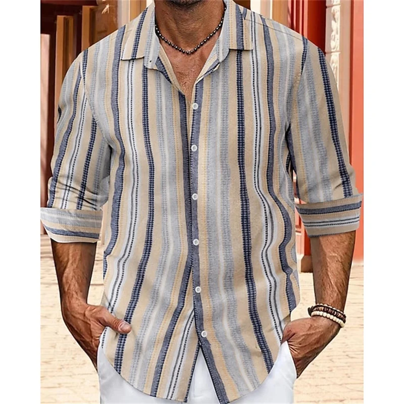 

Men's Shirt Khaki Long Sleeve Striped Button Lapel Hawaiian Holiday Shirt Clothing Fashion Casual Comfortable XS-6XL 2024