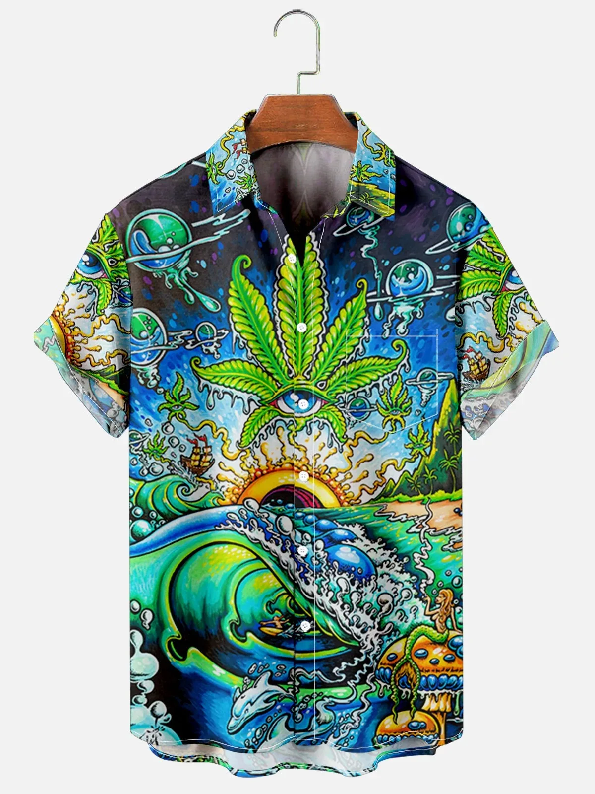 Men's Summer Casual Short Sleeved Shirt with Retro Psychedelic Element Printed Beach Vacation Versatile Shirt