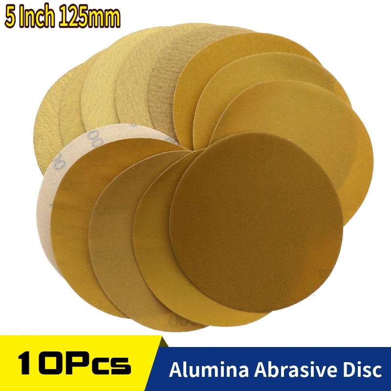 10Pcs 5 Pollici 125 MILLIMETRI di Alluminio Ossido di 60 a 1000 Grane Gancio e Anello di Oro Carta Vetrata Levigatura A Disco per metallo e Automotive