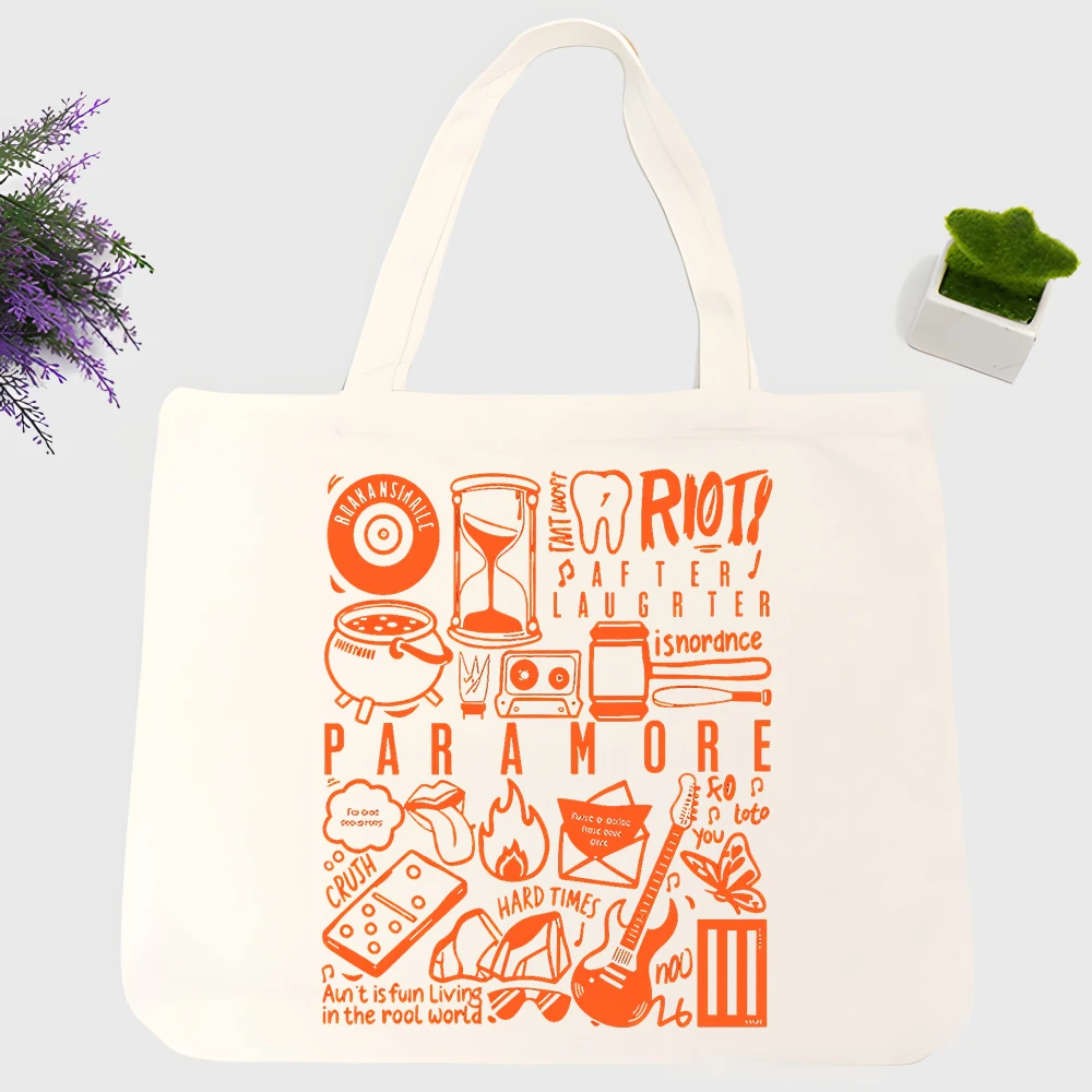 Men's canvas tote bag with musical instrument and typography print, retro graphic design for daily shopping and casual outings