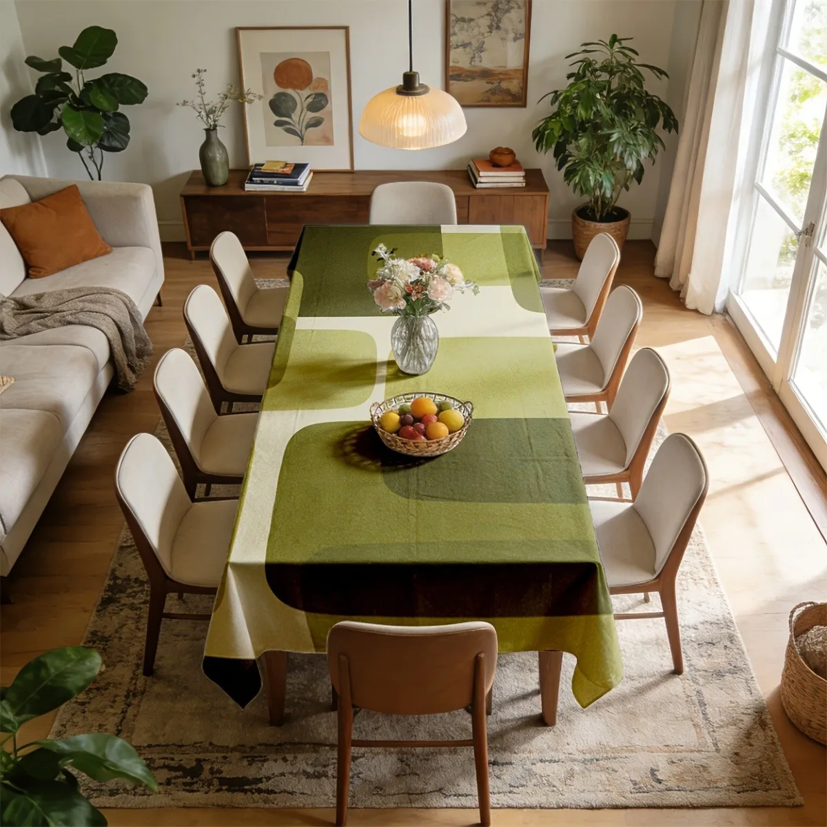 1pc Olive Green Retro Geometric Pattern Tablecloth, made of polyester fabric.zyc