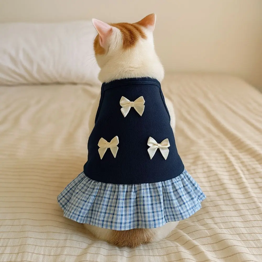 

Cute Korean Style Dog Princess Skirt Breathable Thin Cat Bow Dress Soft Bowknot Plaid Pet Strap Dress Pet Party