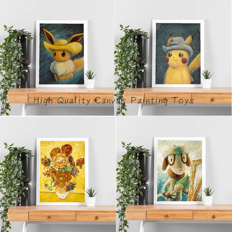 Van Gogh Museum Pokemon figuras de Anime Pikachu pintura a acuarela lienzo carteles e impresiones arte de pared imagen para sala de estar