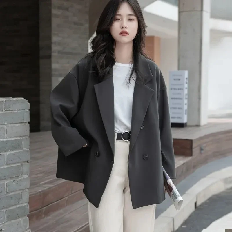 

Blazers Woman Casual Korean Retro Loose Suit Coat Office Lady Solid Daily Simple Design Long Sleeve Double Breasted Jacket